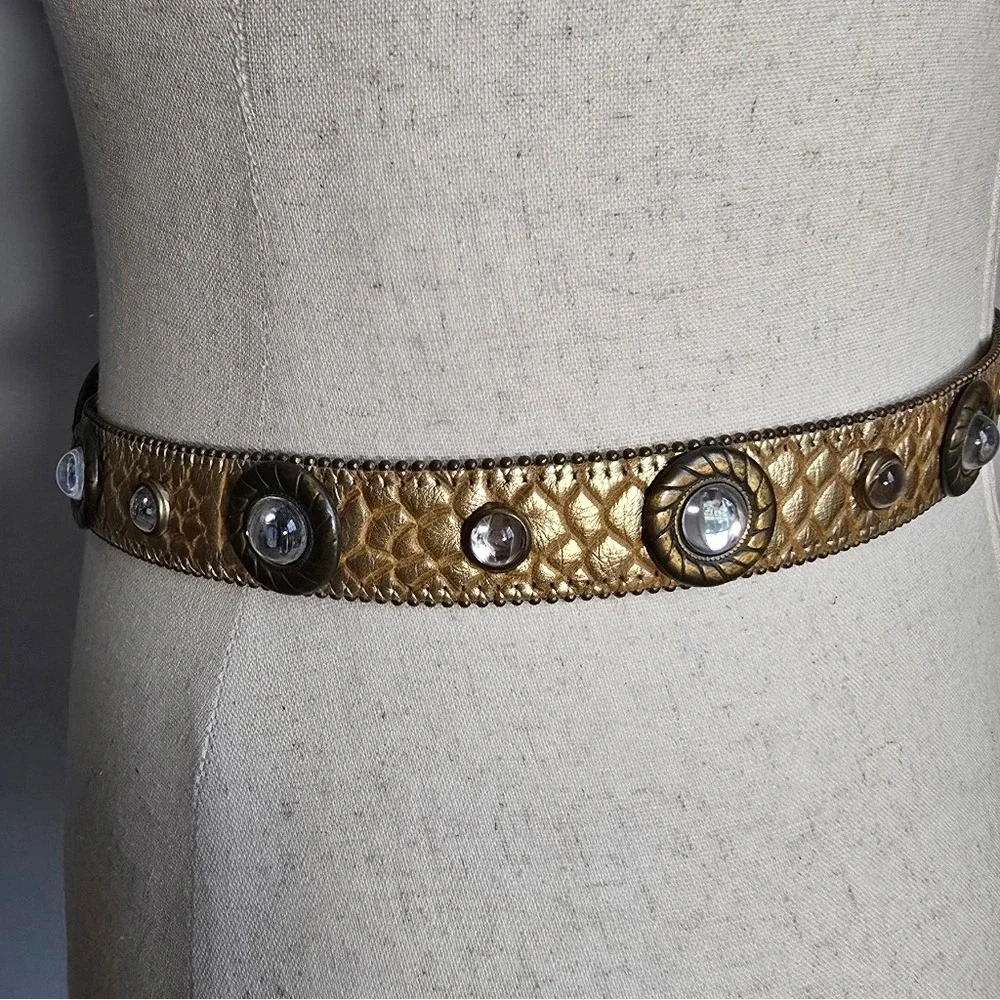 Vintage Gold Embossed Leather Crystal Studded Brass Buckle 80s Glam Belt M/L